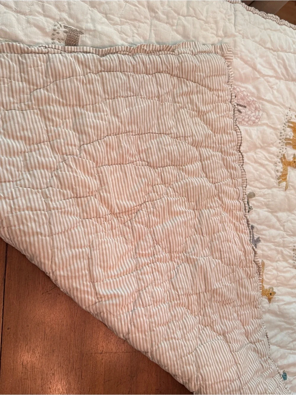 Quilted Forest Animals Cotton Baby Quilt and fitted sheet - Pink, Blue, Cream
